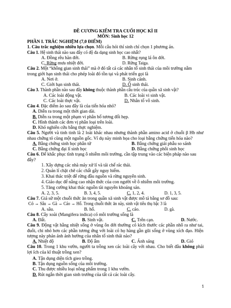 SH12_HK2_ĐỀ CƯƠNG | PDF