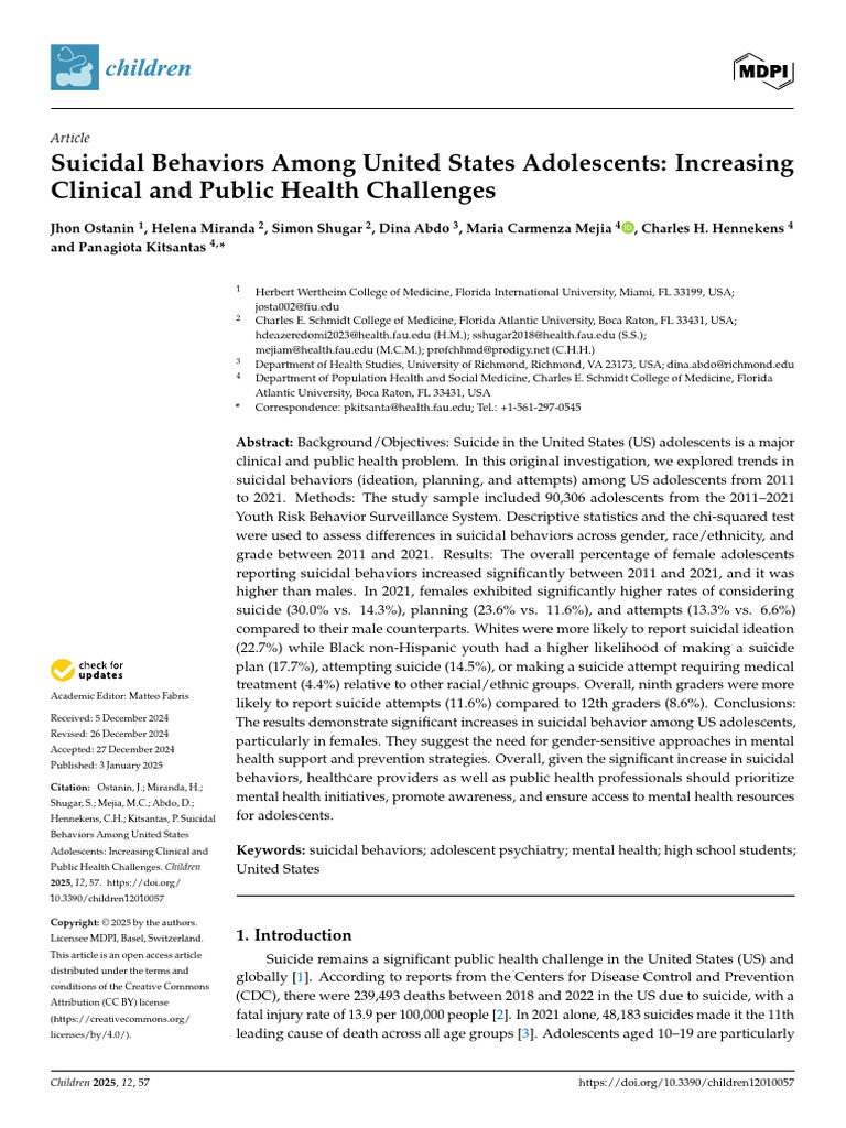 Suicidal Behaviors in US Adolescents | PDF