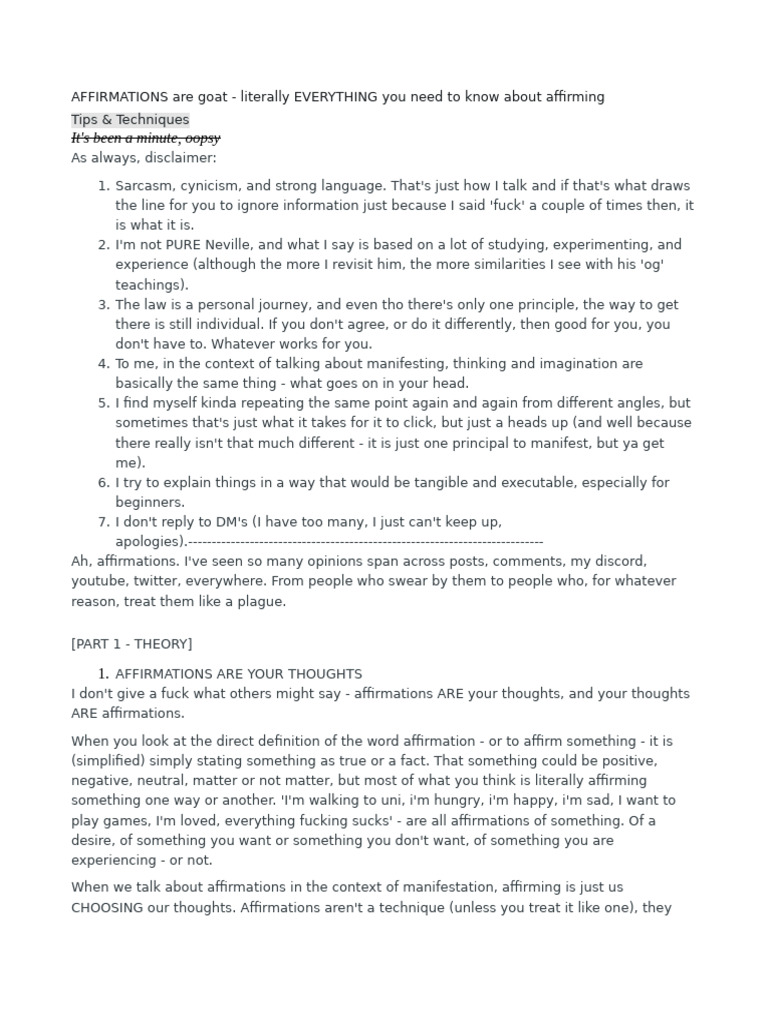 Understanding Affirmations for Manifestation | PDF | Thought | Feeling