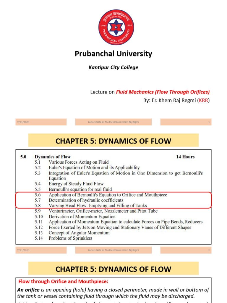 Fluid Mechanics: Flow Through Orifices | PDF | Fluid Mechanics | Gas ...