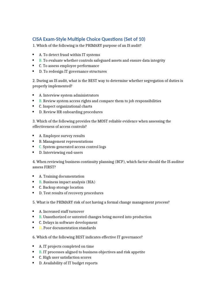 CISA Exam-Style Questions Set of 10 | PDF | Audit | Access Control