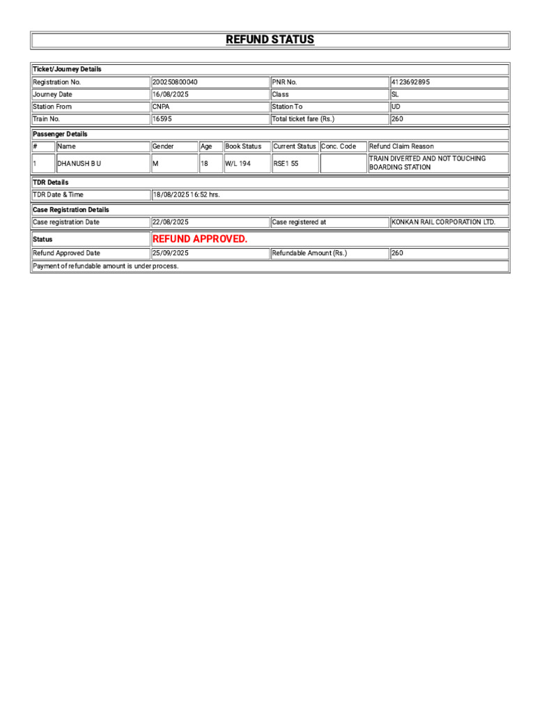 Refund Status for Train Ticket 16595 | PDF