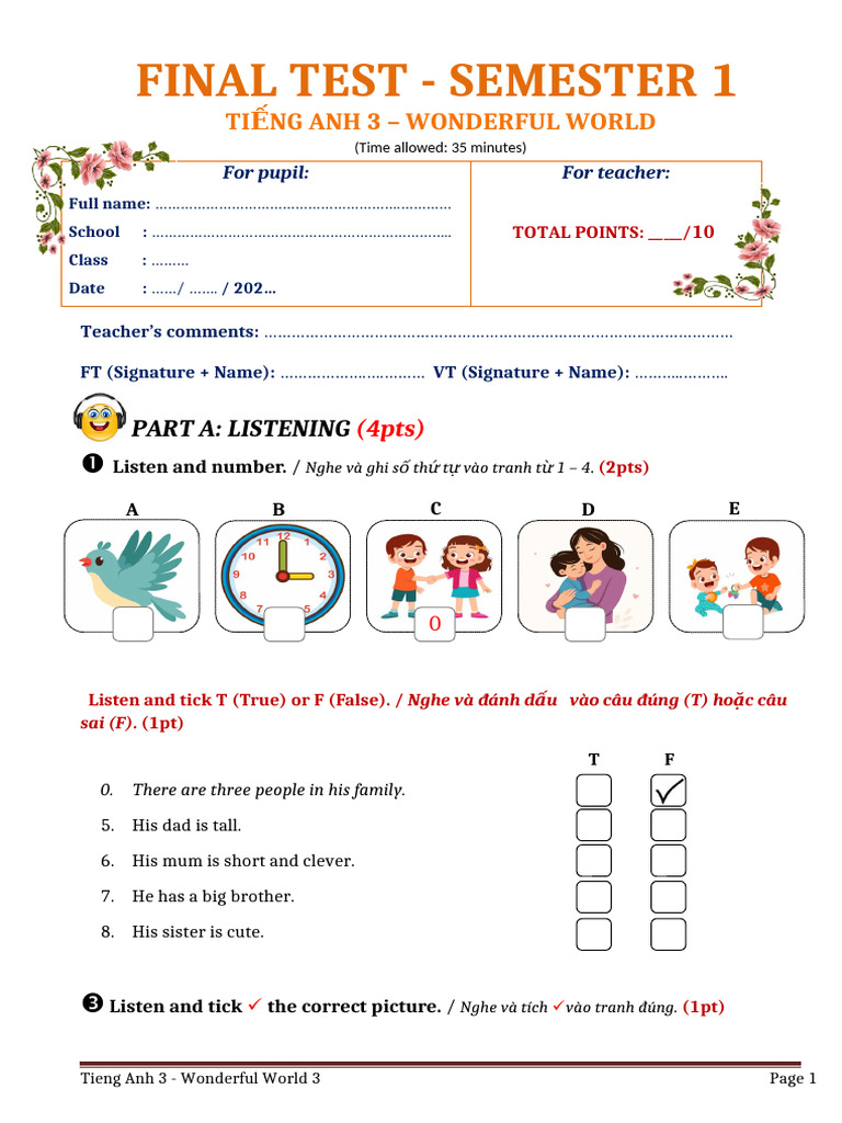 Grade 3 English Semester 1 Test | PDF | Chess Openings | Chess