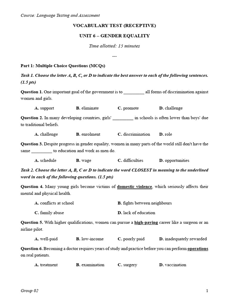 Gender Equality Vocabulary and Grammar Test | PDF | Gender Equality ...