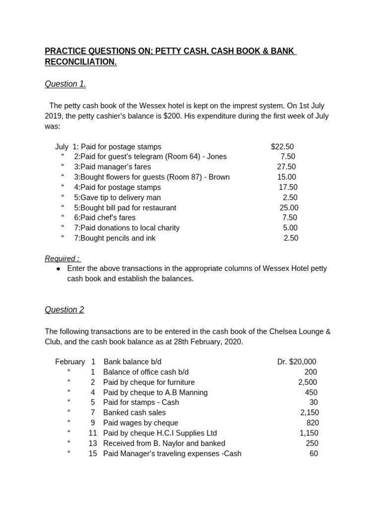 Petty Cash & Bank Reconciliation Practice | PDF | Cheque | Debits And ...