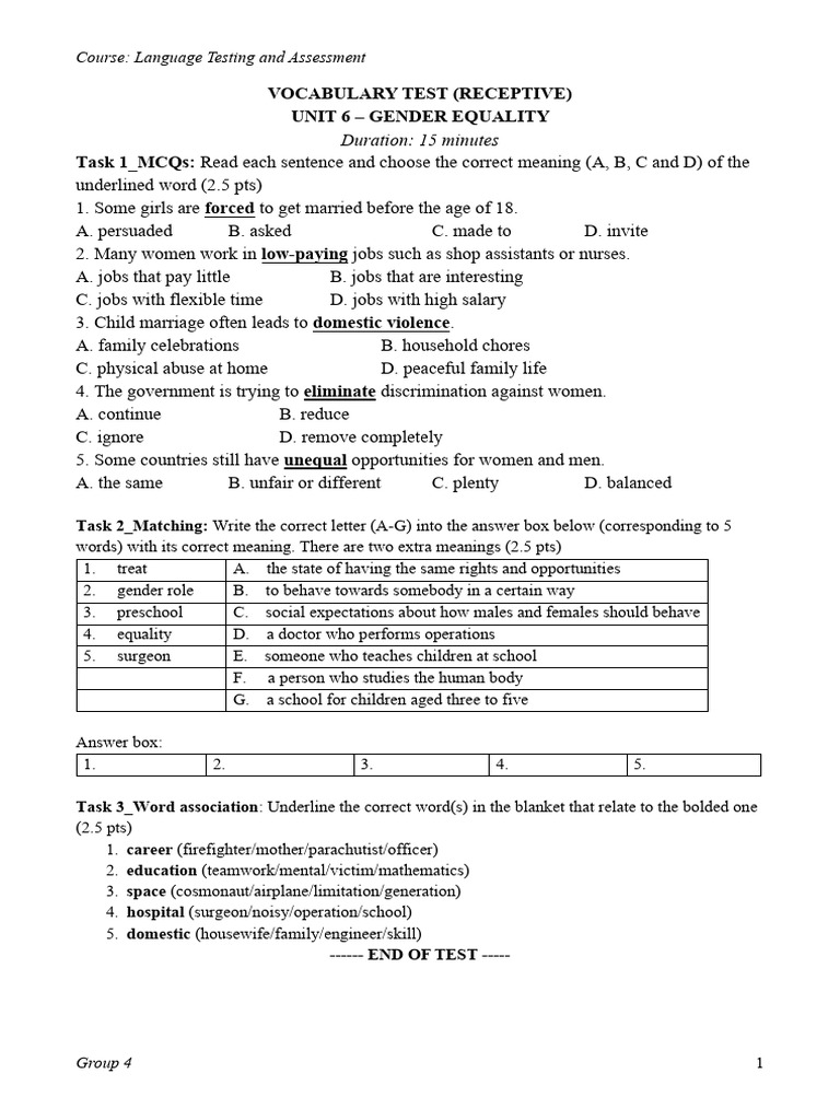 Gender Equality Vocabulary and Grammar Test | PDF | Word | Verb