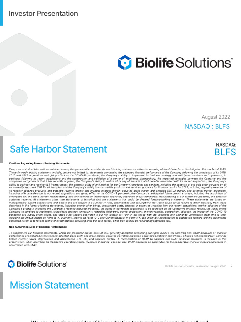 BioLife Solutions Investor Presentation August 2022 | PDF | Business