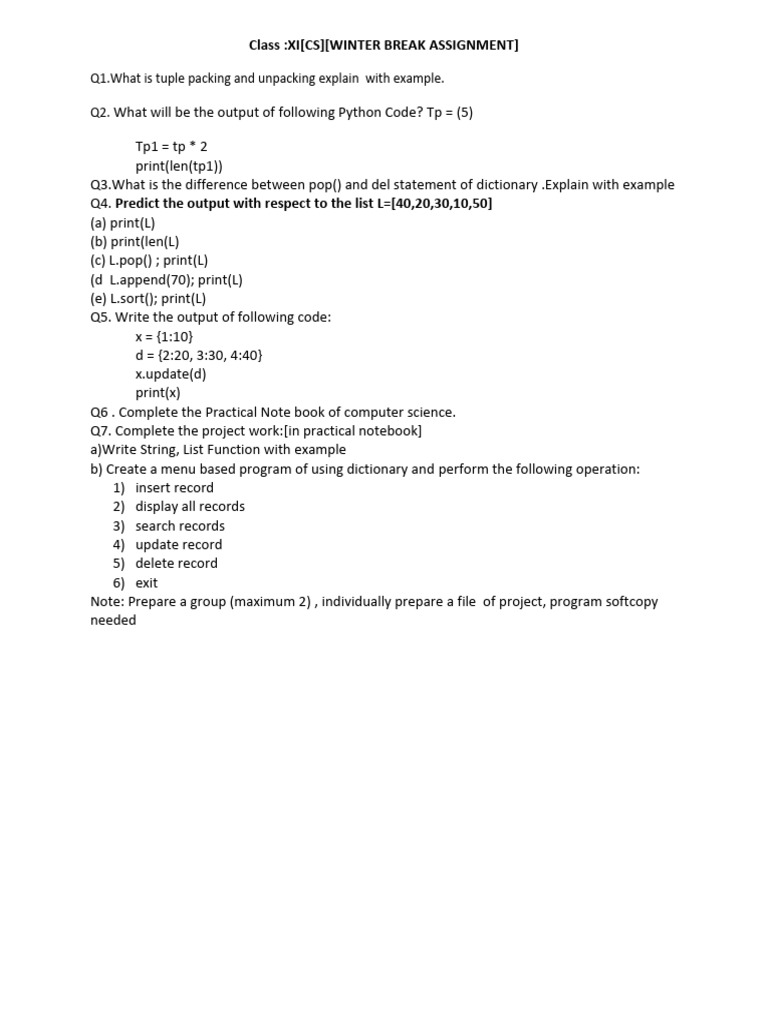 Class XI Winter Break CS Assignment | PDF