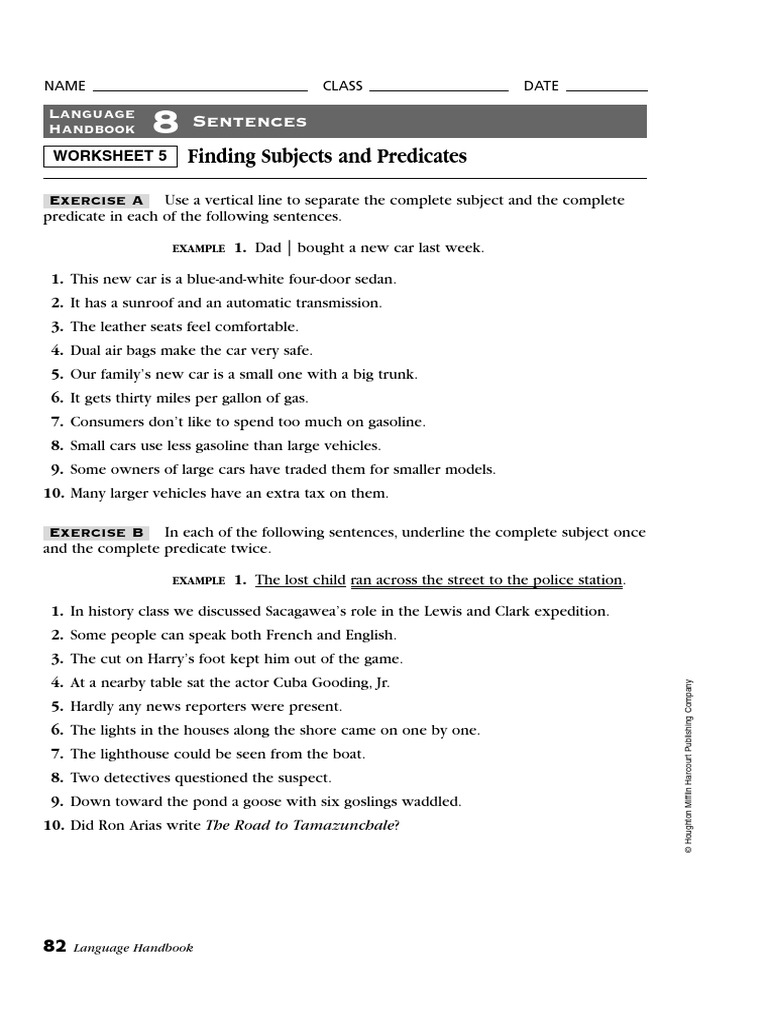 Finding Subjects and Predicates Worksheets | PDF