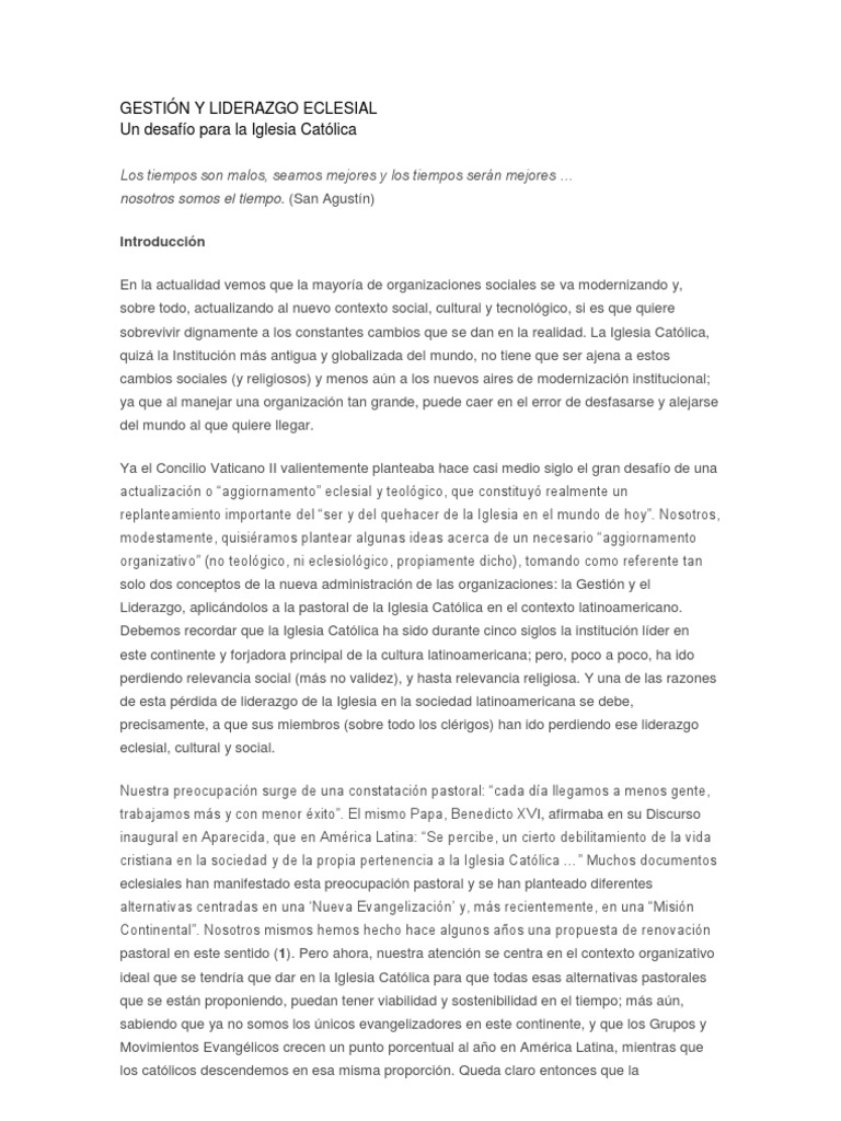 Gestión y Liderazgo en la Iglesia Católica | PDF | obispo | Liderazgo