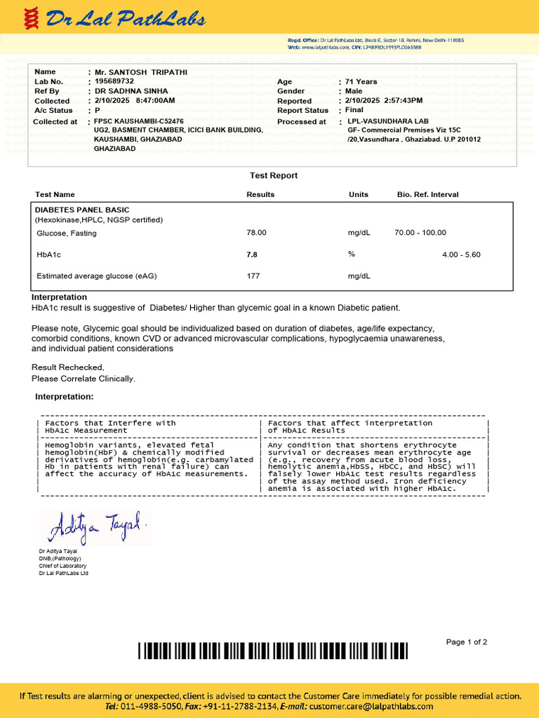 Diabetes Test Report for Santosh Tripathi | PDF | Glycated Hemoglobin ...