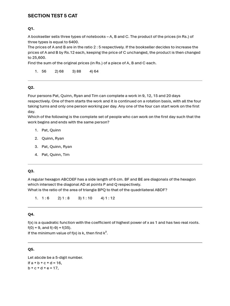 Section Test 5 Cat | PDF | Elementary Mathematics | Mathematics