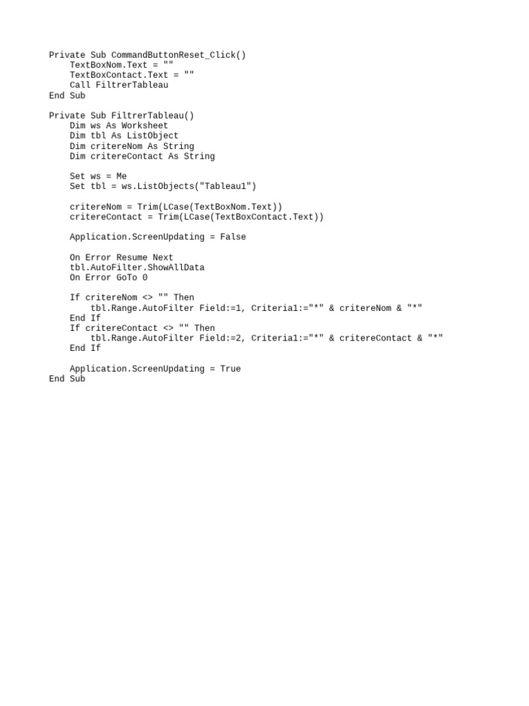 Excel VBA Filter and Reset Function | PDF