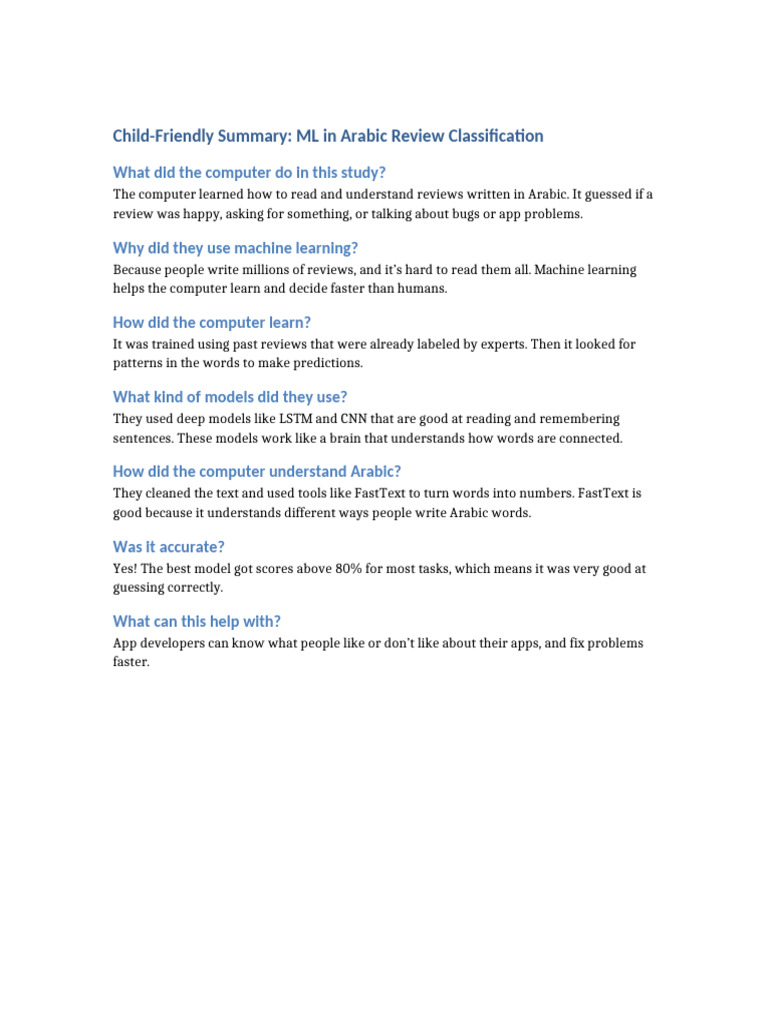 Child Friendly ML Summary Arabic Review Classification | PDF