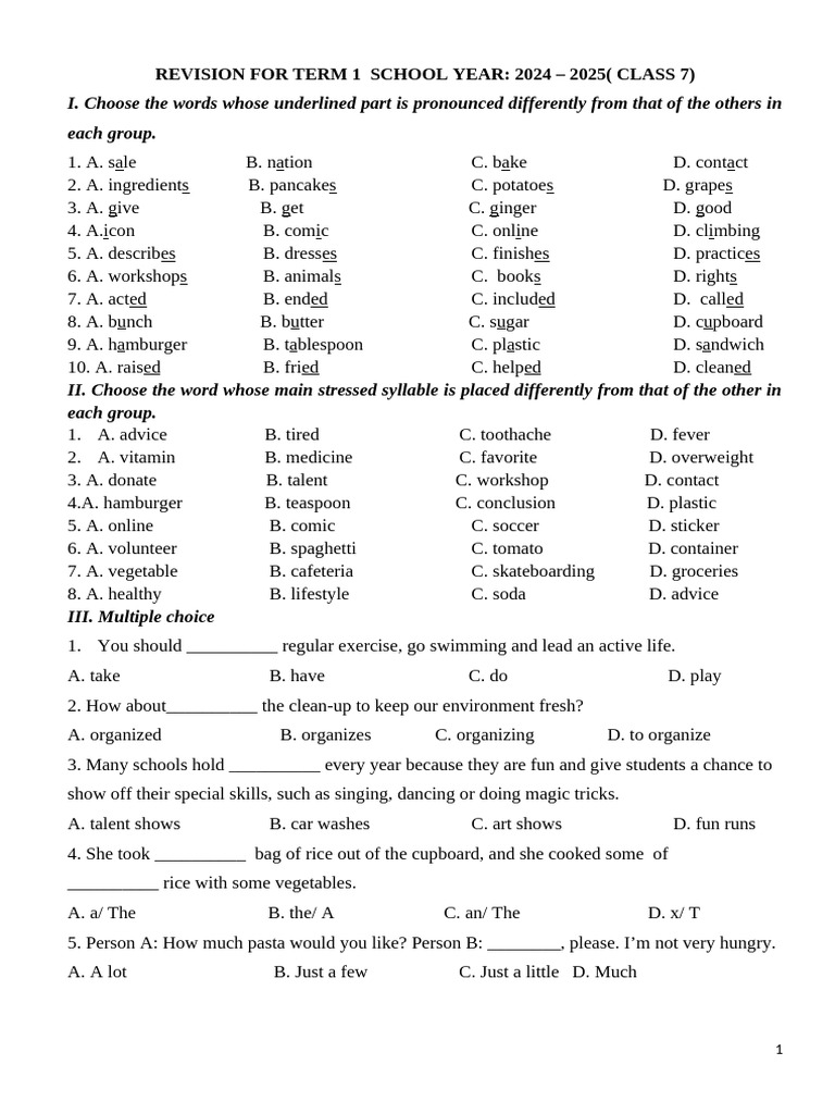 Class 7 Term 1 Revision Exercises | PDF | Foods
