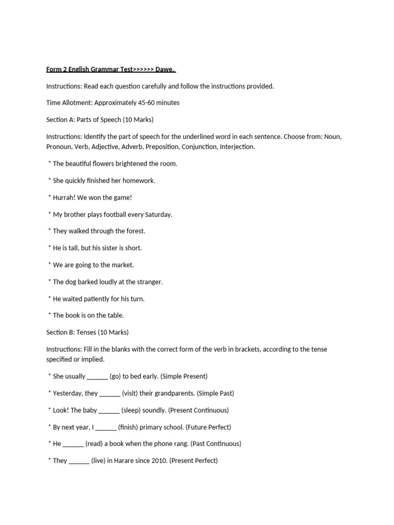 Form 2 English Grammar Test Guide | PDF | Part Of Speech | Verb