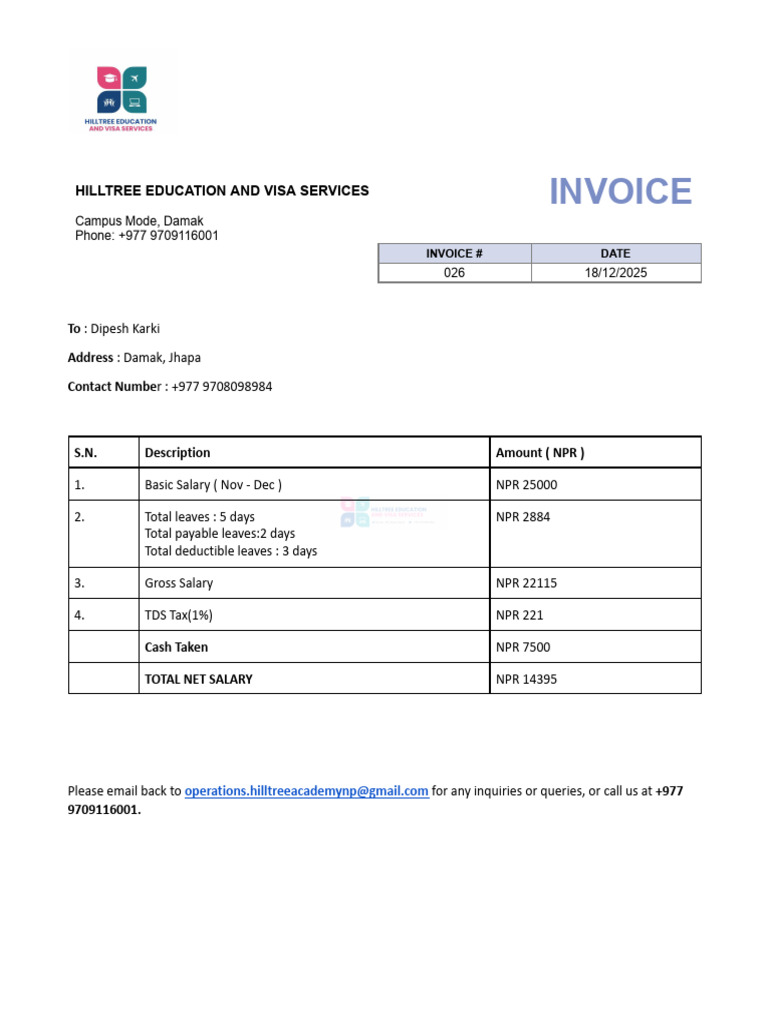 026 Dipesh Karki HTE Invoice (Nov 15 - Dec 15) | PDF