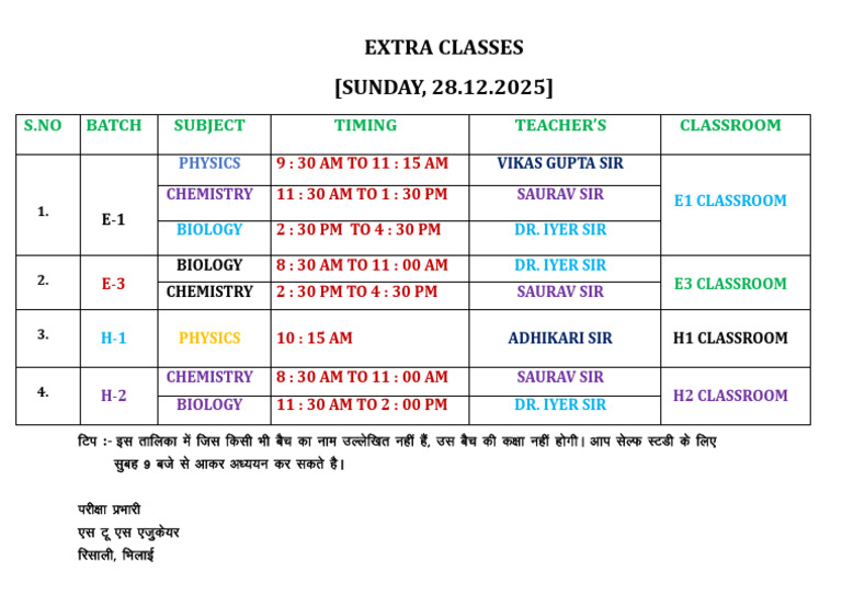 Extra Classes Schedule for 28.12.2025 | PDF