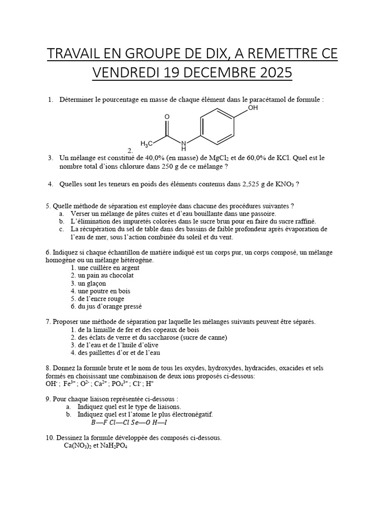 Exercice de chimie : calculs et méthodes de séparation | PDF ...