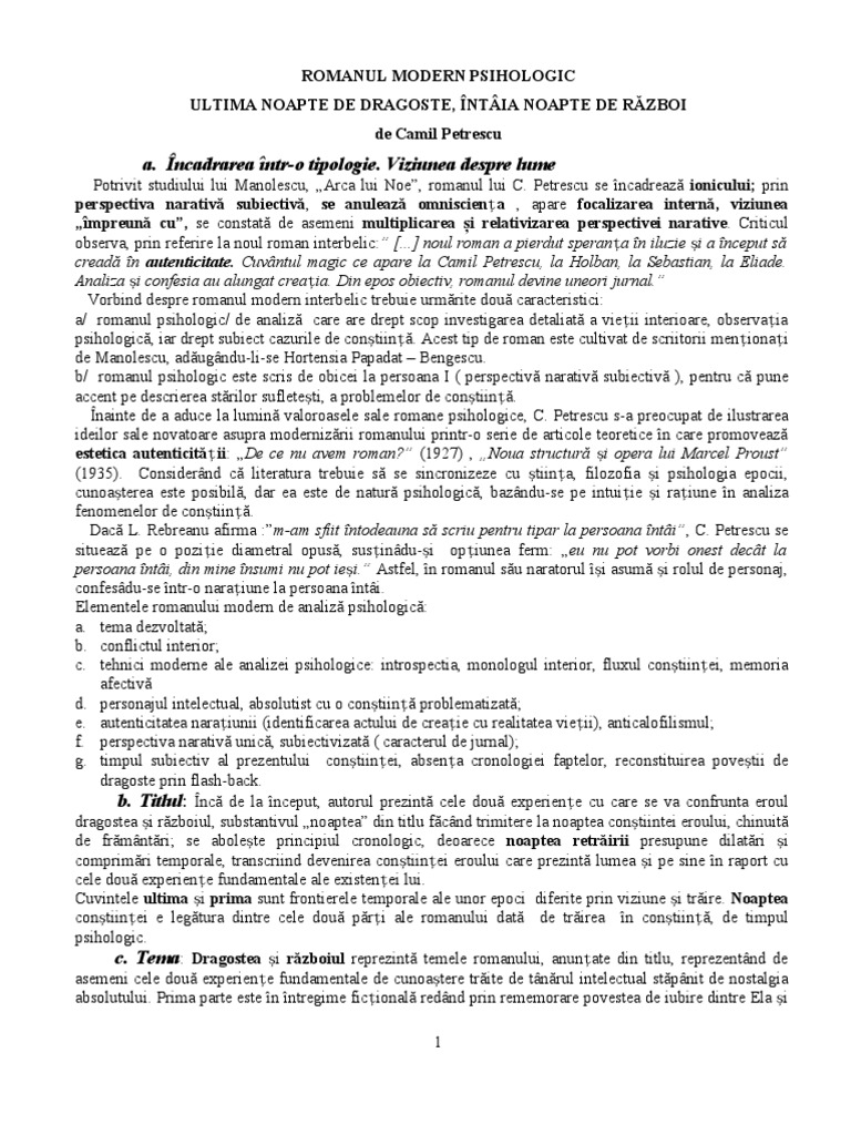 Romanul Modern Psihologic Ultima Noapte Argumentare