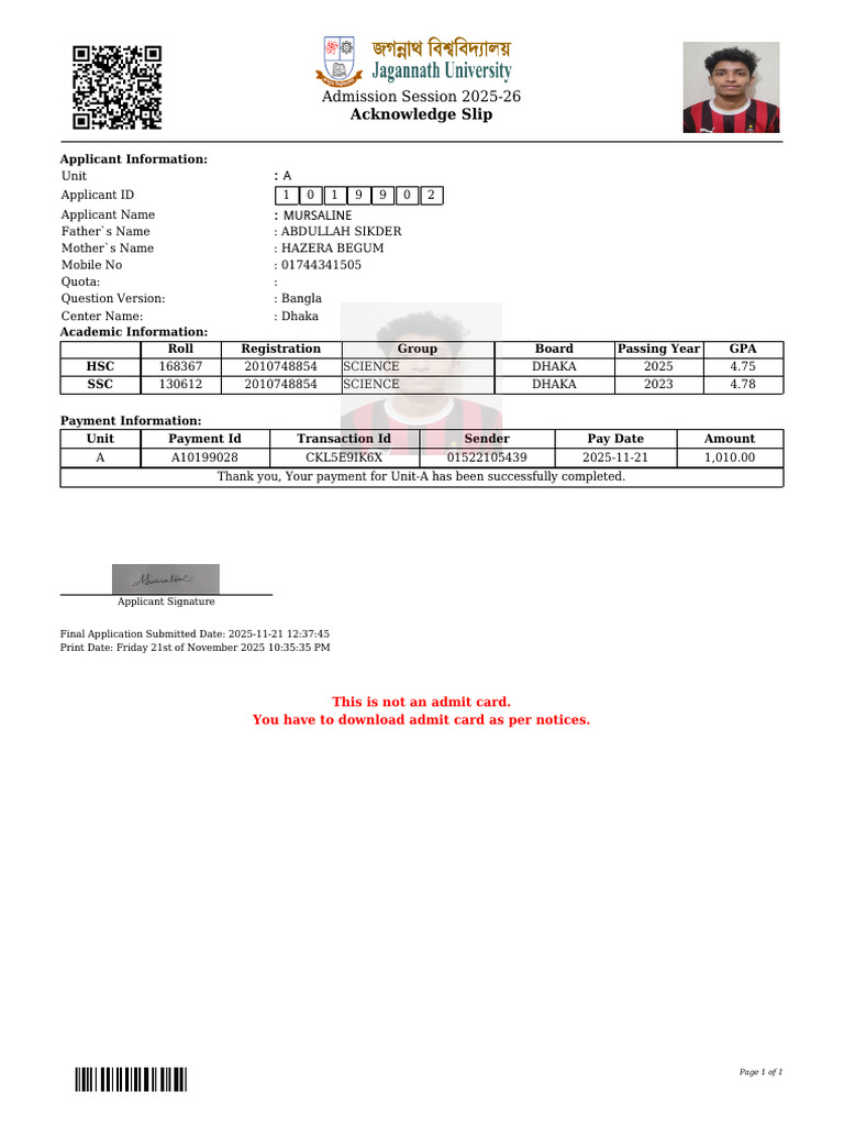 Admission Acknowledgment Slip 2025-26 | PDF
