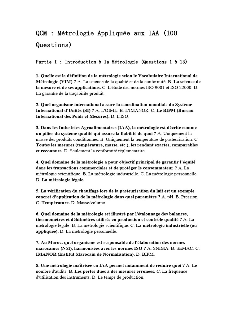QCM Métrologie IAA : 100 Questions clés | PDF | Métrologie | Calibrage