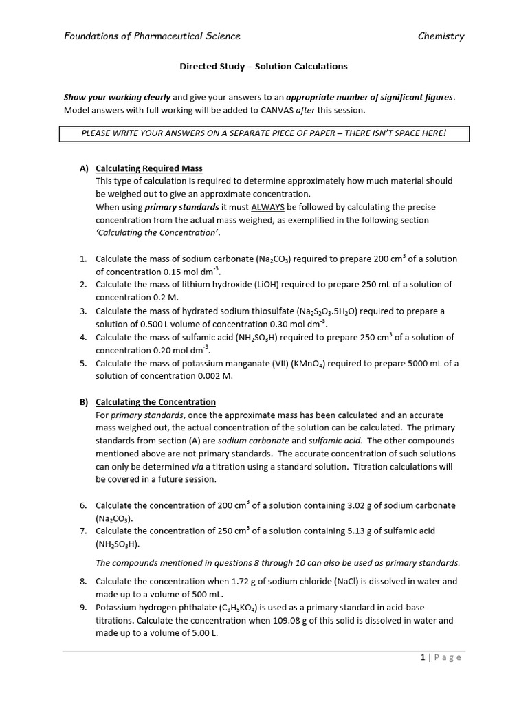 Solution Calculations in Pharmaceutical Chemistry | PDF | Sodium ...