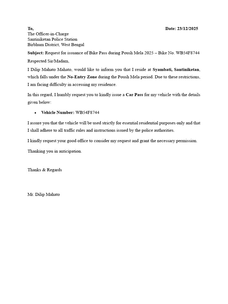 Request for Bike Pass During Poush Mela | PDF