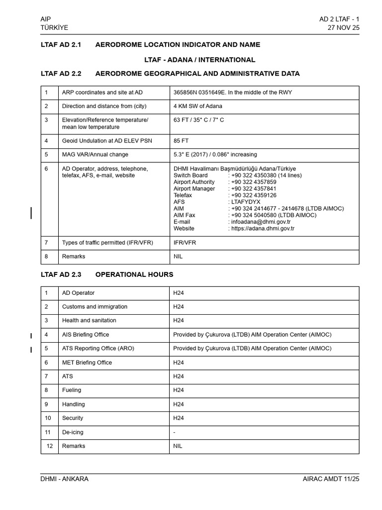 Adana Airport LTAF AIP Overview | PDF | Visual Flight Rules ...