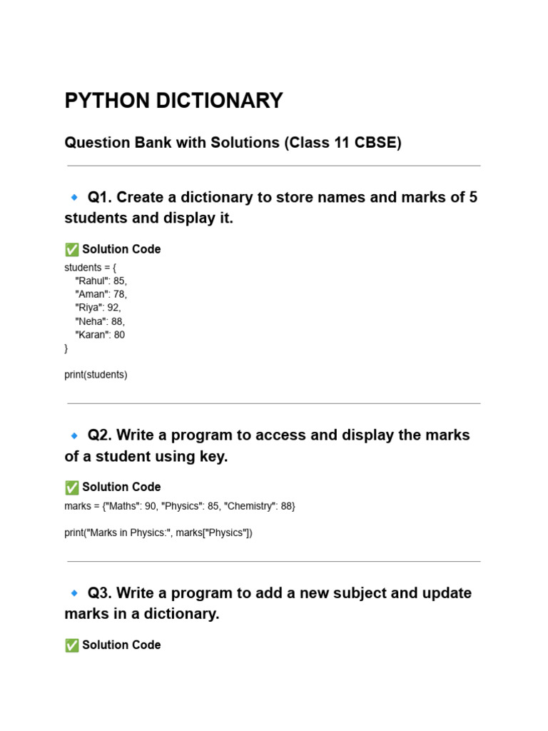 Python Dictionary Solutions for Class 11 | PDF | Computer Programming