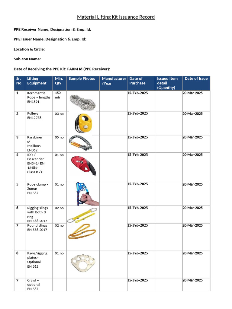 Material Lifting Kit Issuance Record | PDF
