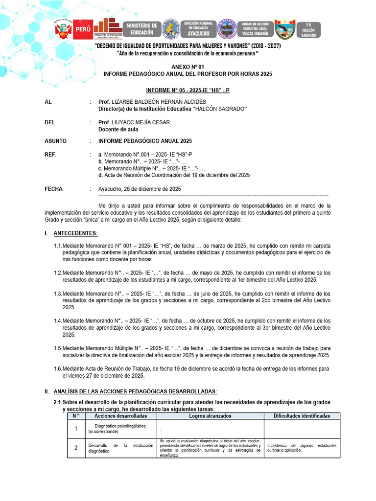 Informe Pedagógico Anual 2025 | PDF | Evaluación | Plan de estudios