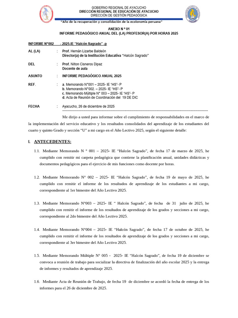 Informe Pedagógico Anual 2025 Ayacucho | PDF | Evaluación | Plan de ...