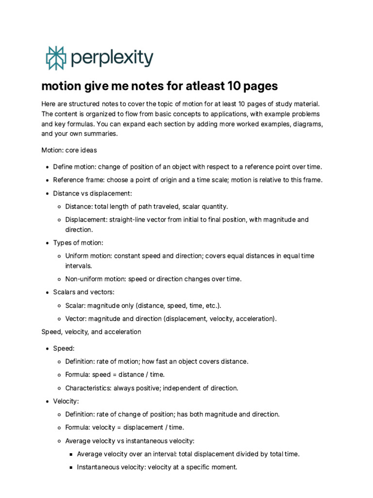 Comprehensive Motion Study Notes | PDF | Velocity | Acceleration