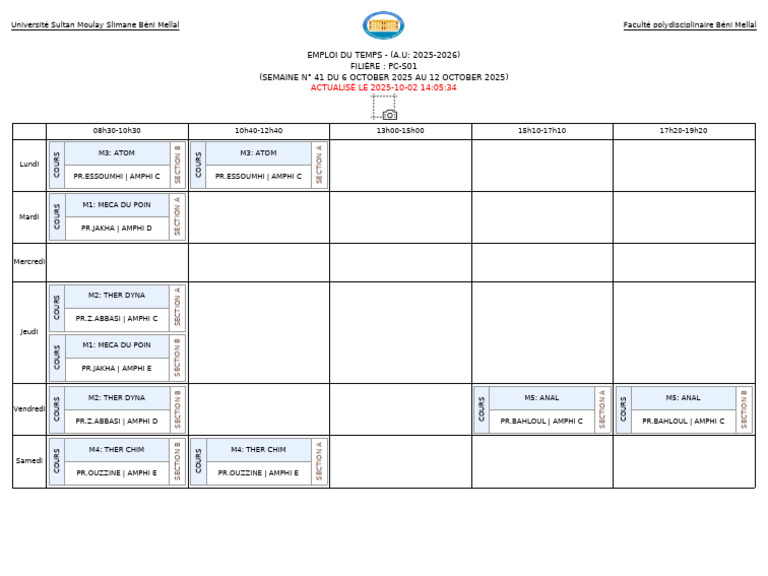 Emploi du temps PC-S01 Semaine 41 2025 | PDF