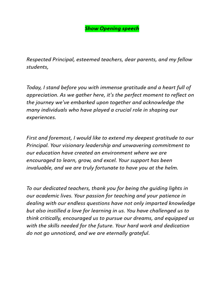 Gratitude Opening Speech for School Event | PDF