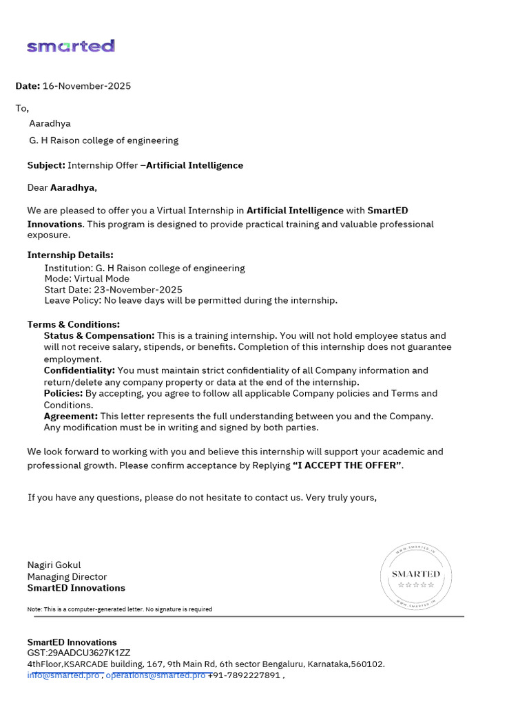 Internship Offer for AI at SmartED | PDF
