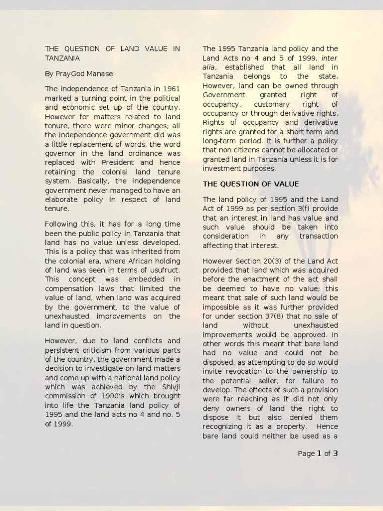 Land Value and Policy in Tanzania | PDF | Discrimination | Tanzania