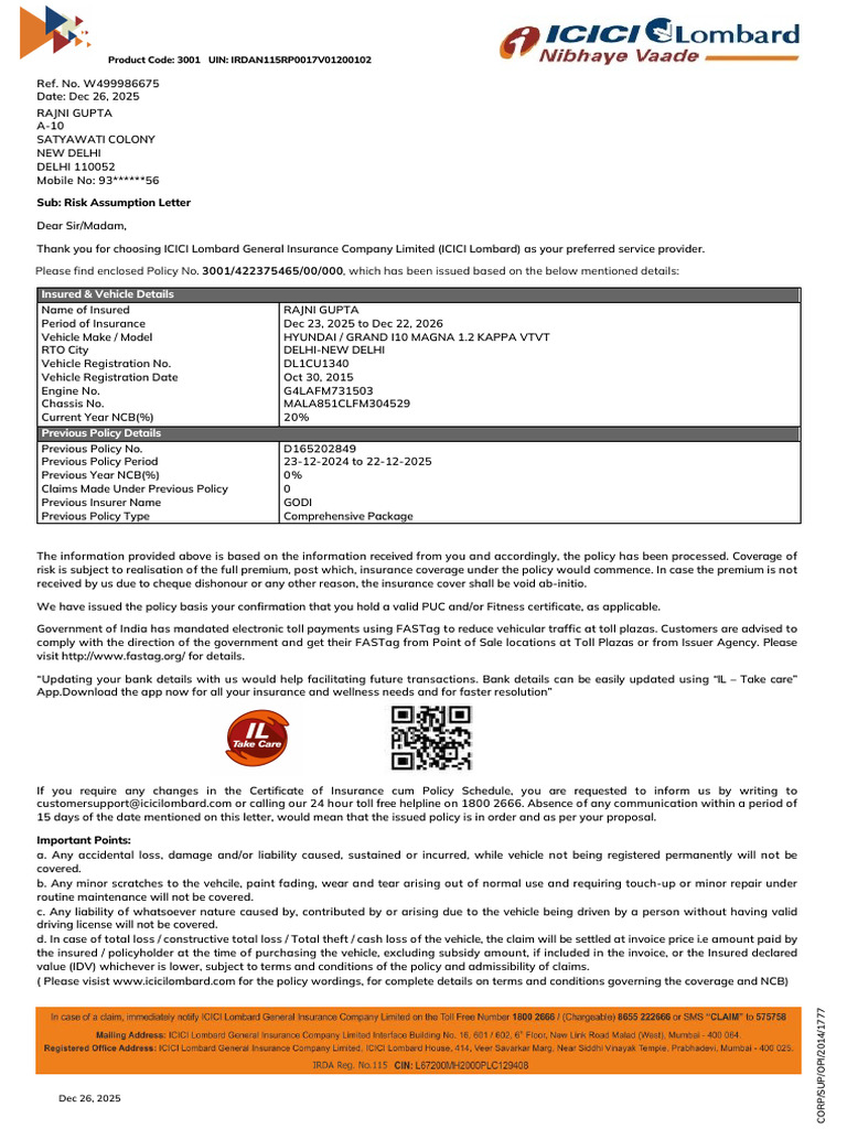ICICI Lombard Risk Assumption Letter | PDF | Insurance | Pro Rata
