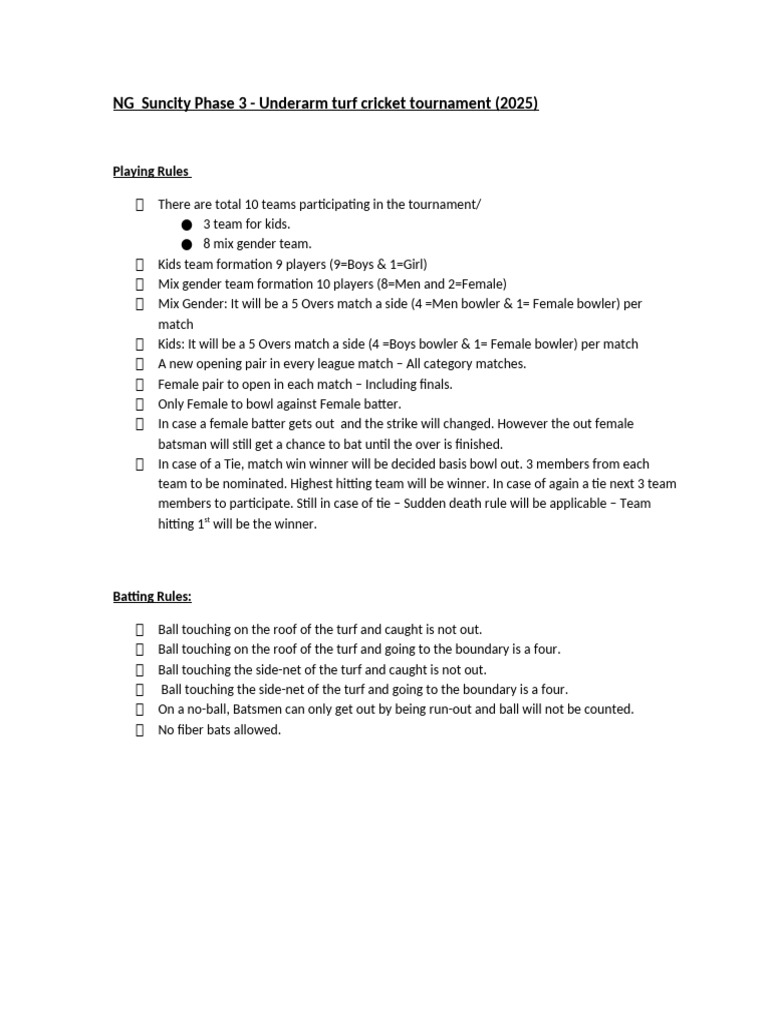 Suncity Phase 3 Cricket Tournament Rules | PDF | Bowling (Cricket ...