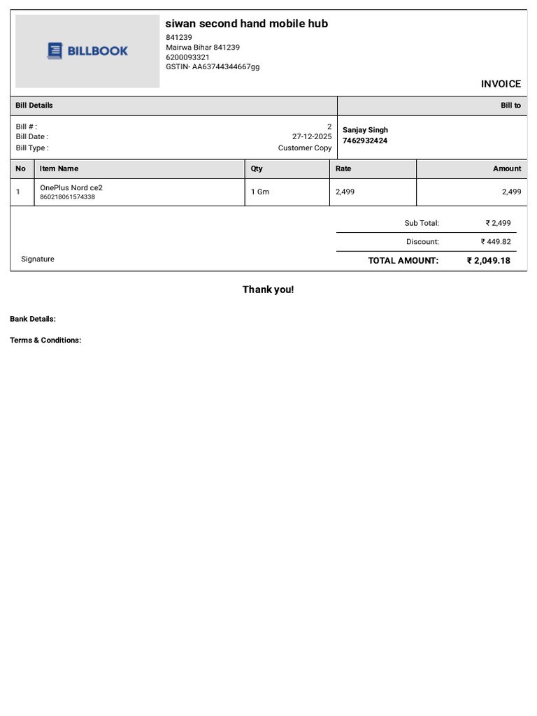 Invoice for OnePlus Nord CE2 Purchase | PDF