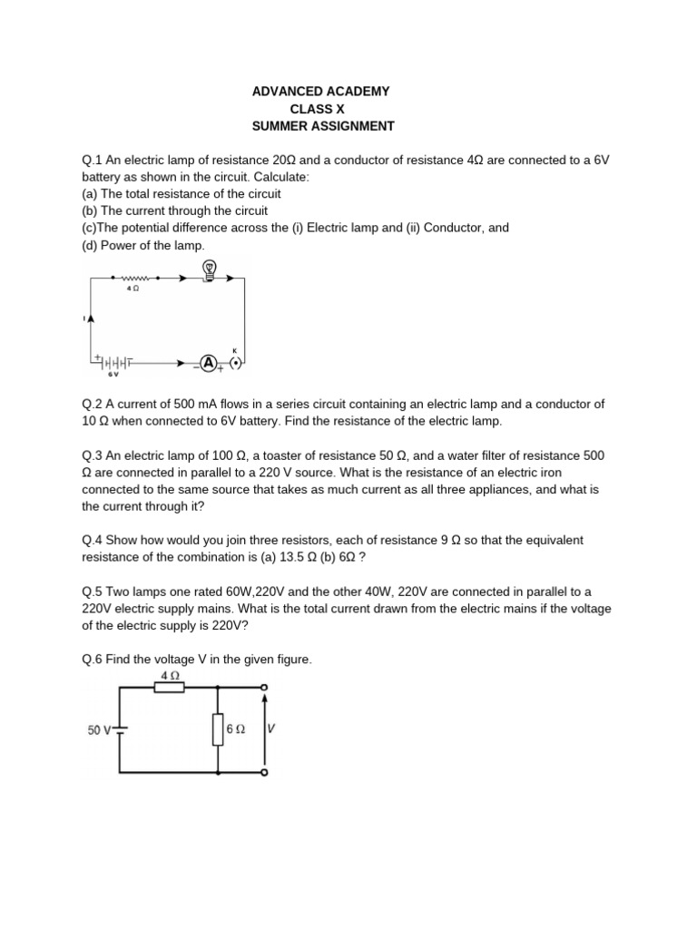 Class X Summer Physics Assignment | PDF | Series And Parallel Circuits ...