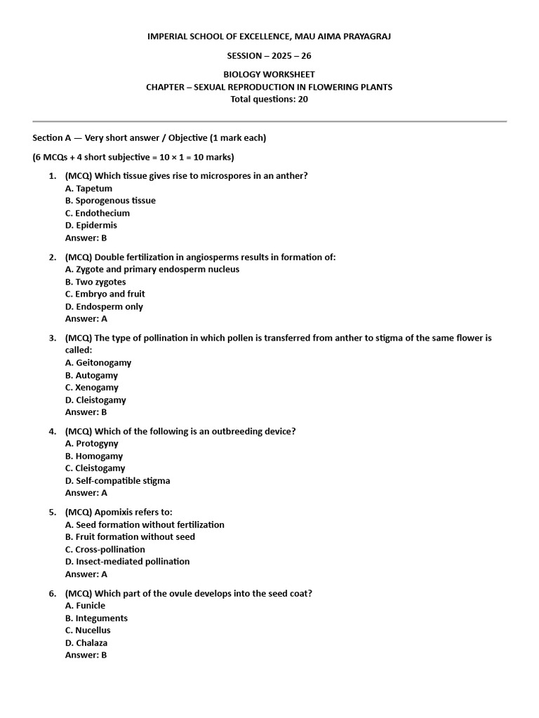 Biology Worksheet - 1 | PDF | Seed | Pollen