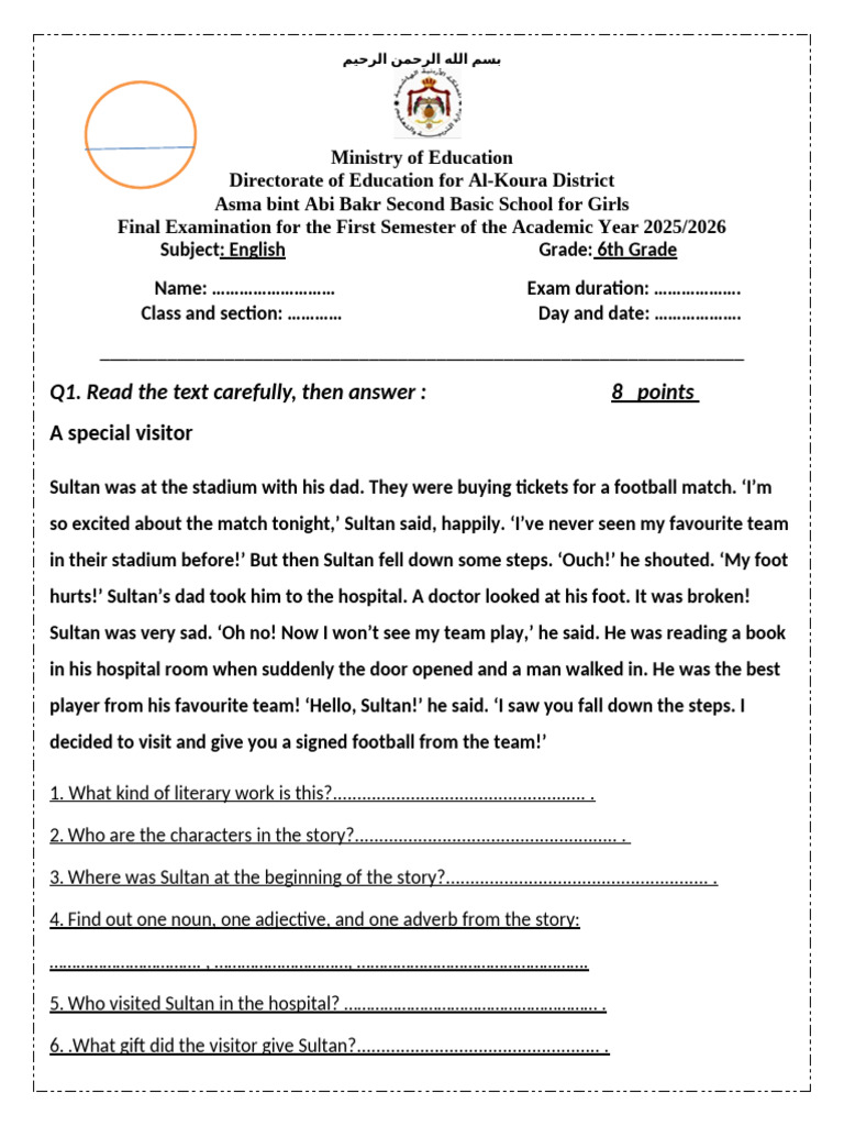 6th Grade English Final Exam 2025/2026 | PDF | Syntax | Linguistic ...