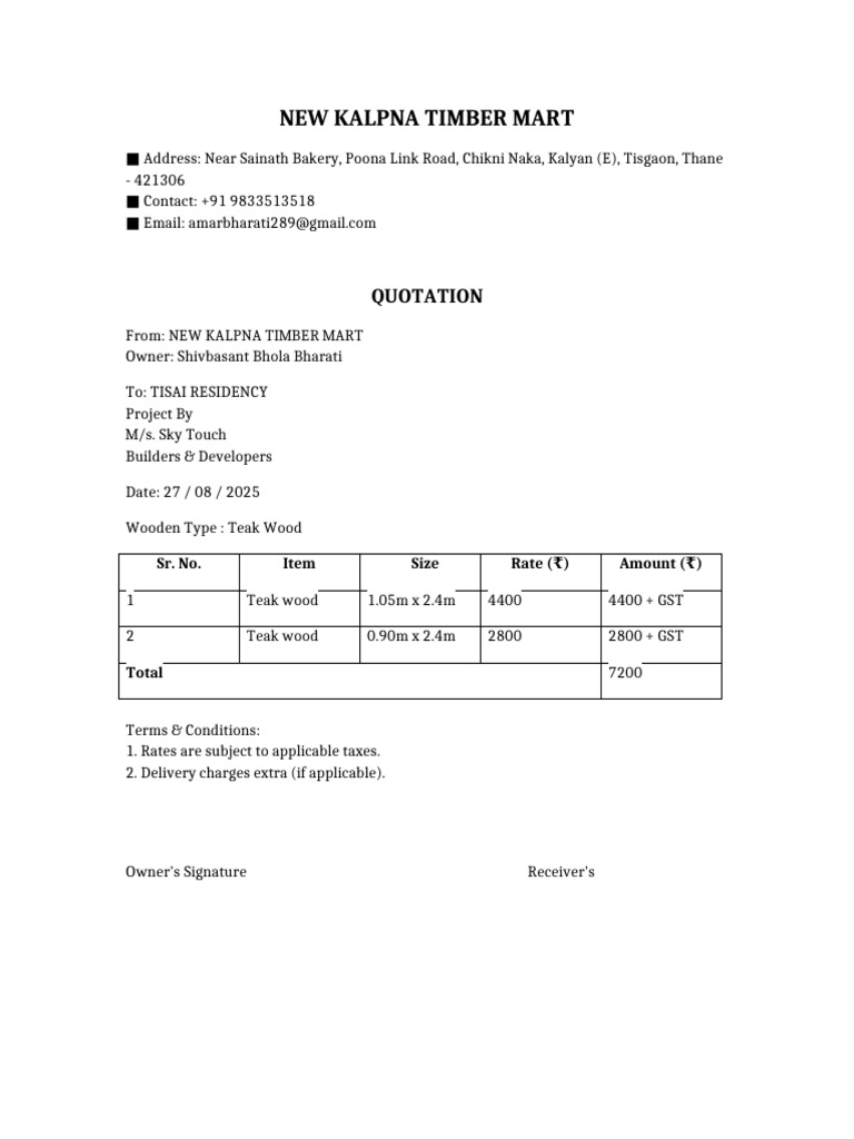 Teak Wood Quotation from Kalpna Timber Mart | PDF