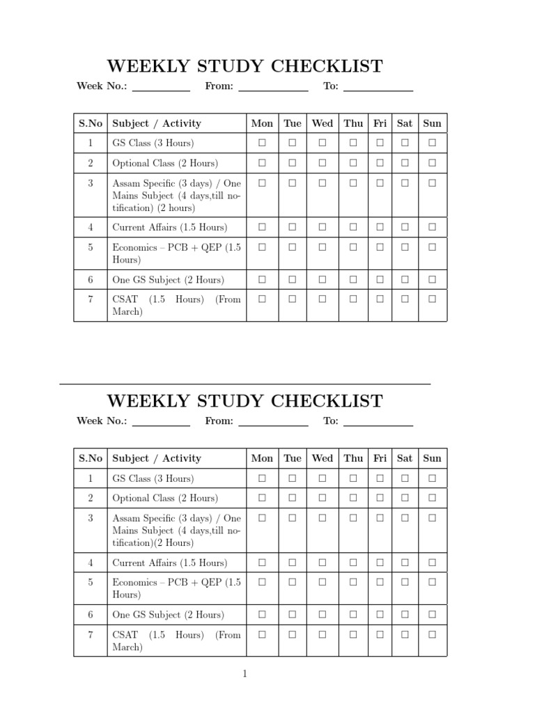 Weekly Study Checklist for Exam Prep | PDF