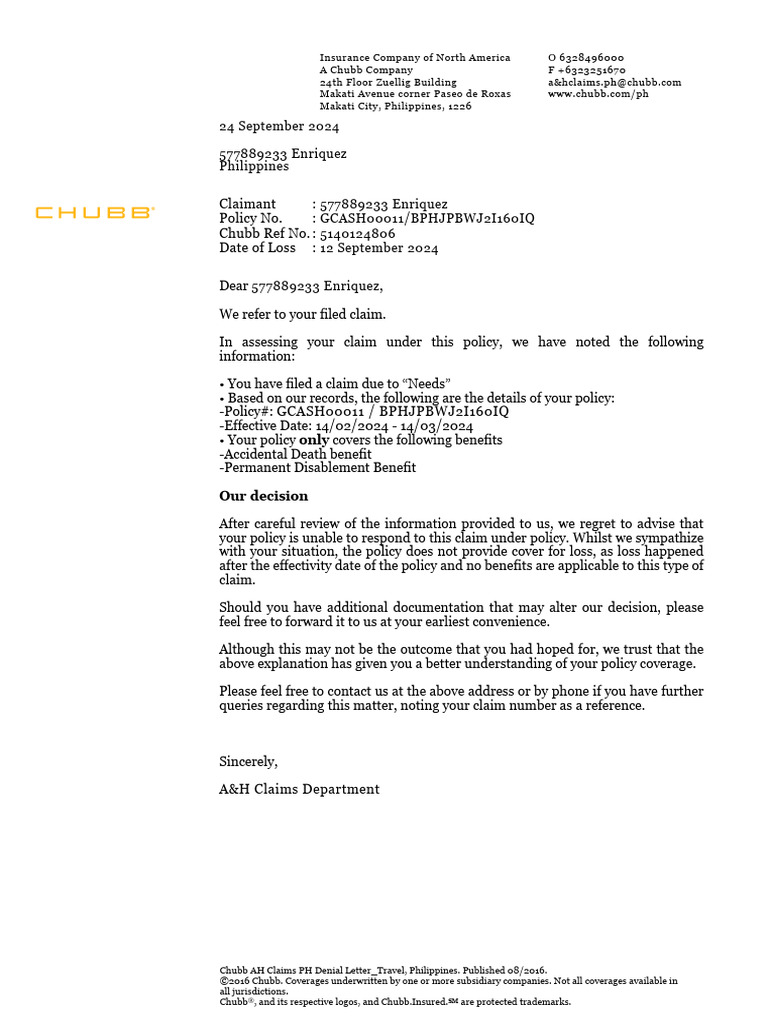 AH Claims PH Chubb Decision Letter PDF | PDF