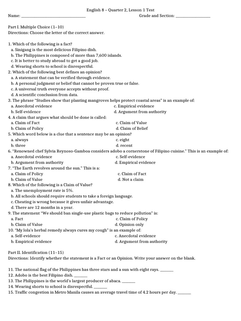 English 8 Lesson 1 Test: Facts vs. Opinions | PDF | Argument | Evidence