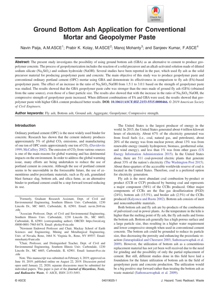 Ground Bottom Ash in Geopolymer Mortar | PDF | Cement | Concrete