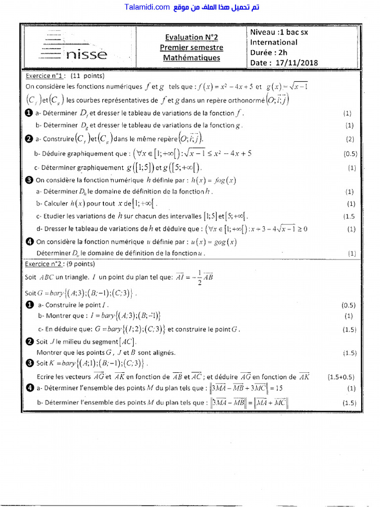 Talamidi.com Devoir 2 Modele 6 Mathematiques 1er Bac Sciences Exp ...